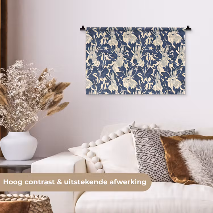 Hazen - Bladeren - Patroon - Blauw - Beige Wandkleed katoen klein 269 -sfeer1