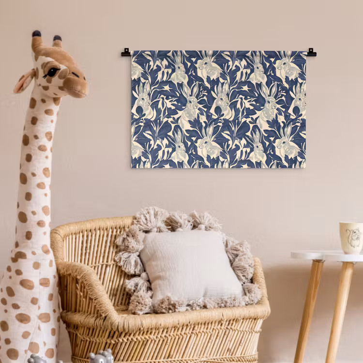 Hazen - Bladeren - Patroon - Blauw - Beige Wandkleed katoen klein 269 -wsfeer5_kind