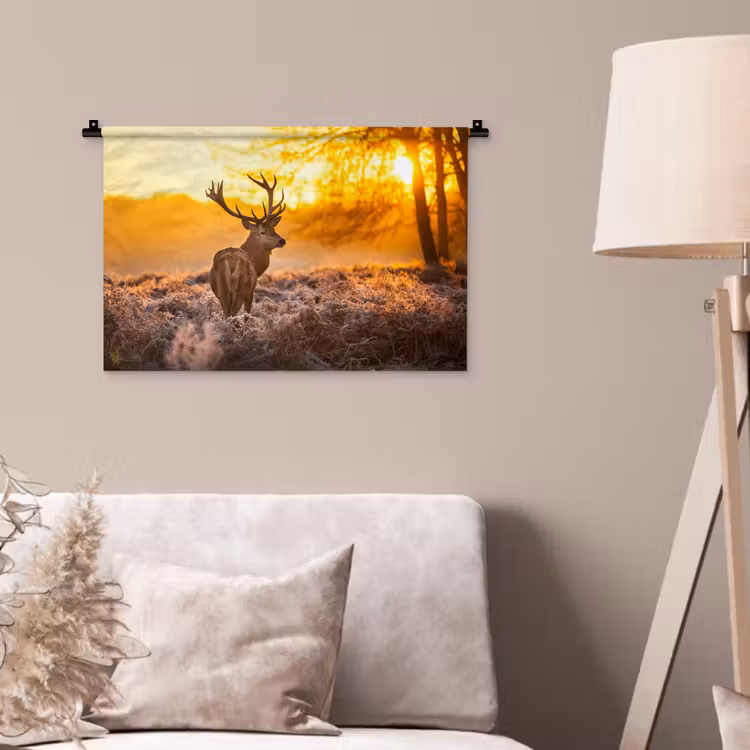 Hert - Dieren - Zonsondergang - Winter - Heide - Natuur Wandkleed katoen klein -sfeer4