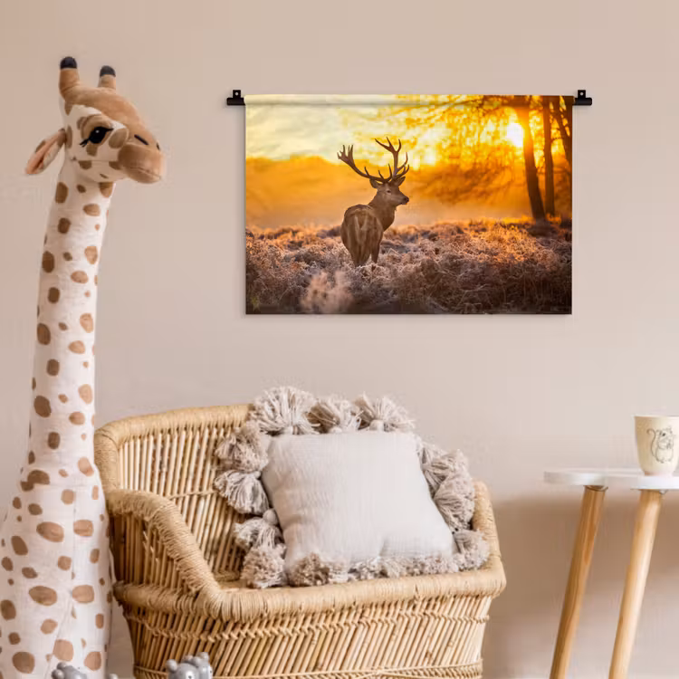 Hert - Dieren - Zonsondergang - Winter - Heide - Natuur Wandkleed katoen klein -wsfeer5_kind