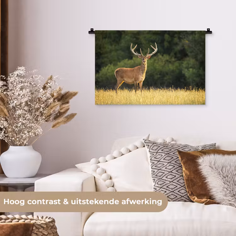 Hert - Gewei - Gras - Natuur - Dieren - Groen Wandkleed katoen klein -sfeer1