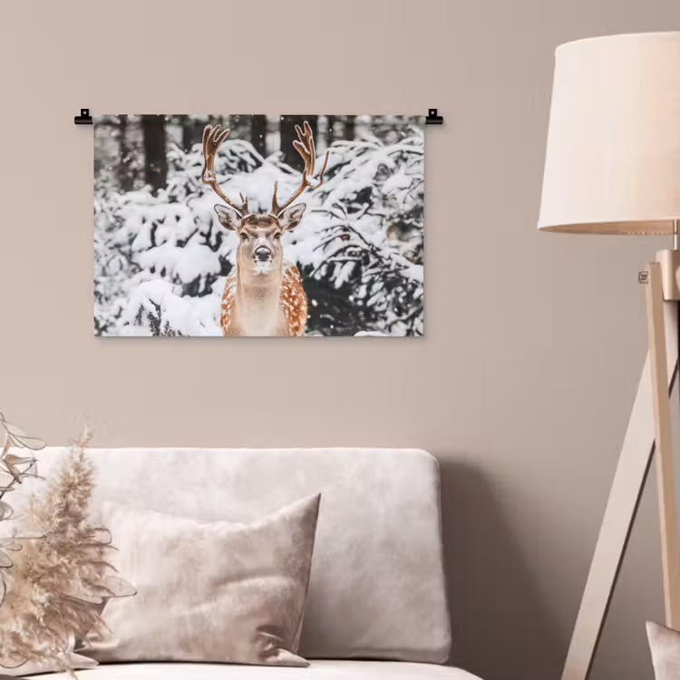 Hert - Sneeuw - Winter - Bos - Dieren Wandkleed katoen klein -sfeer4
