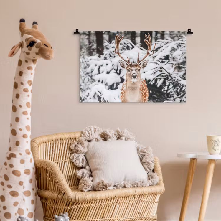 Hert - Sneeuw - Winter - Bos - Dieren Wandkleed katoen klein -wsfeer5_kind