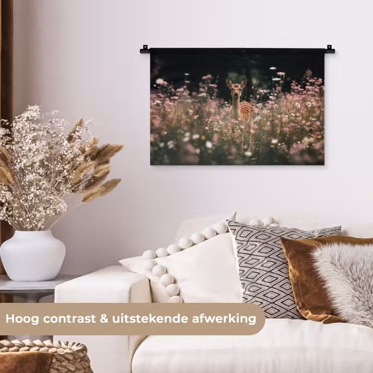 Hert - Wilde bloemen - Bos Wandkleed katoen klein -sfeer1