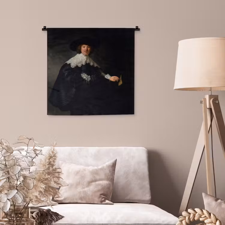 Het huwelijksportret van Marten Soolmans - Rembrandt van Rijn Wandkleed katoen klein -sfeer4
