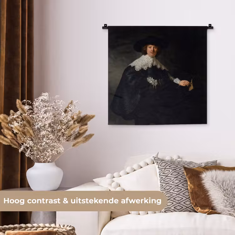 Het huwelijksportret van Marten Soolmans - Rembrandt van Rijn Wandkleed katoen klein -sfeer1