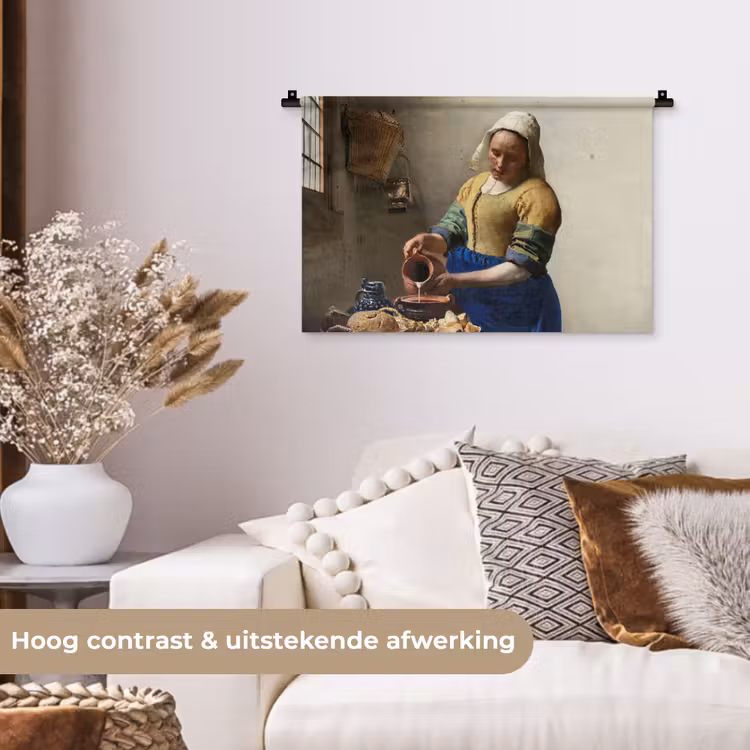 Het melkmeisje - Schilderij van Johannes Vermeer Wandkleed katoen klein -sfeer1