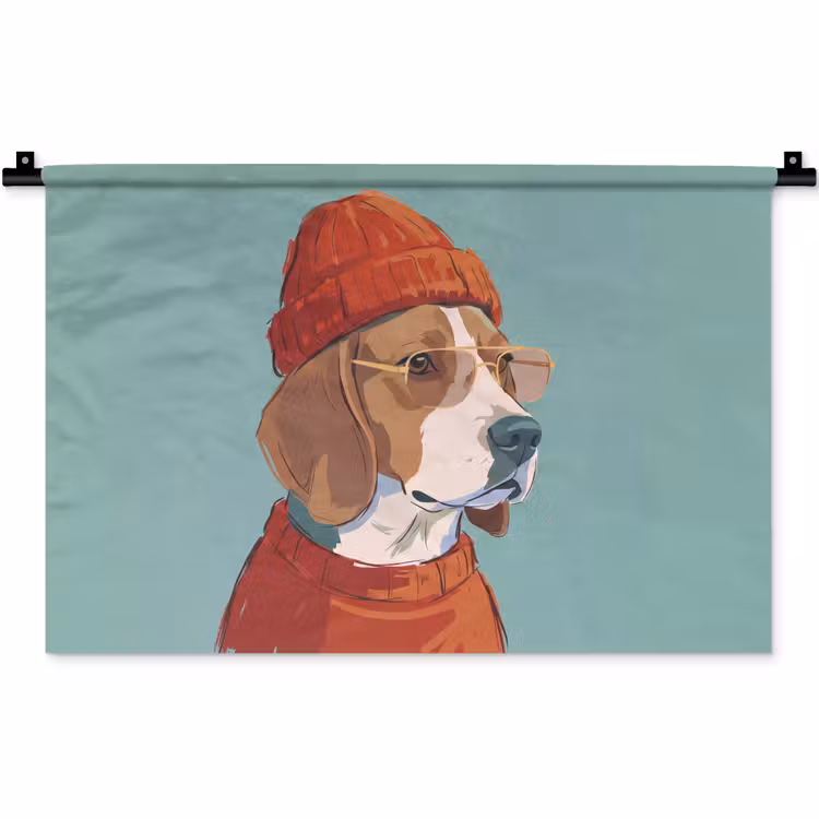 Hond - Beanie - Zonnebril - Dieren - Modern Wandkleed katoen klein -zz3d