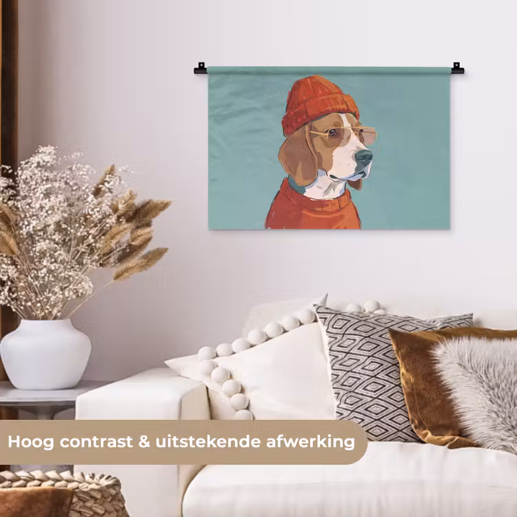 Hond - Beanie - Zonnebril - Dieren - Modern Wandkleed katoen klein -sfeer1