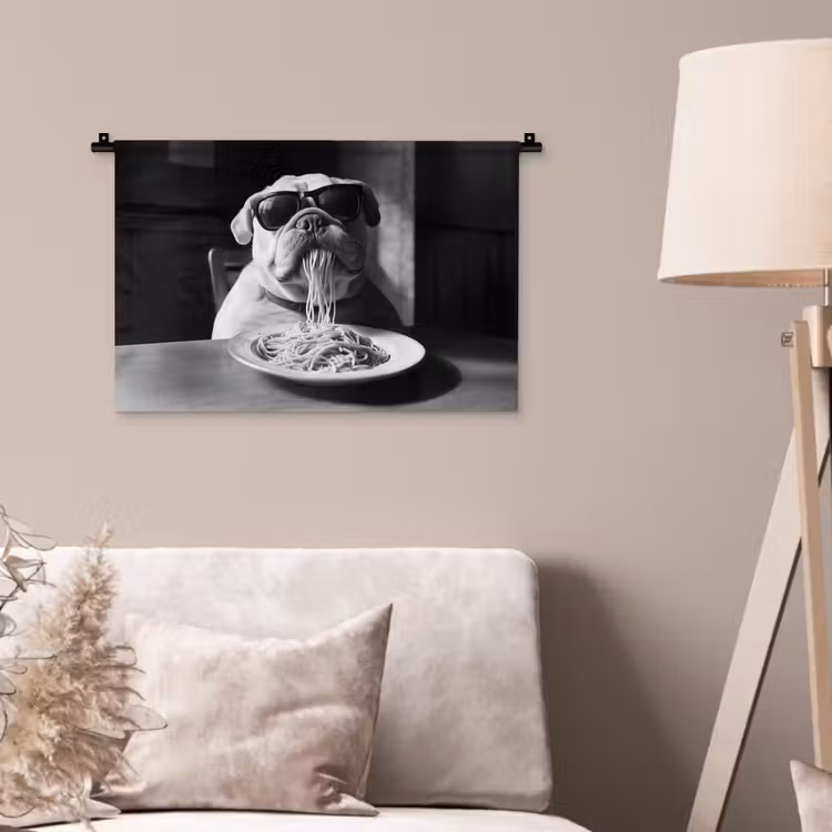 Hond - Bulldog - Pasta - Bril - Stoer - Dieren Wandkleed katoen klein -sfeer4