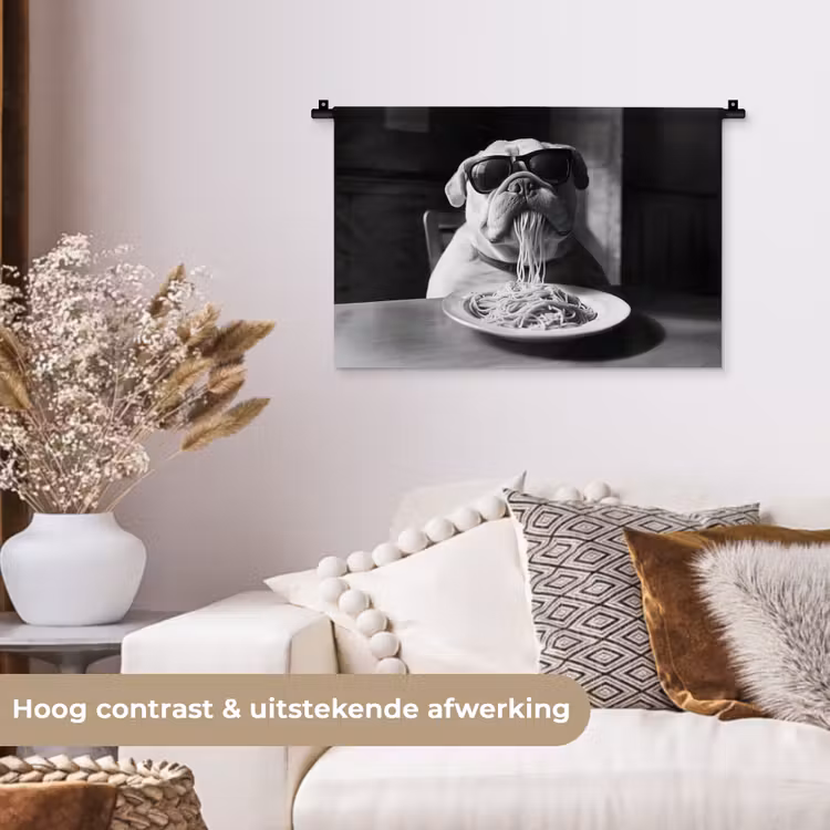 Hond - Bulldog - Pasta - Bril - Stoer - Dieren Wandkleed katoen klein -sfeer1