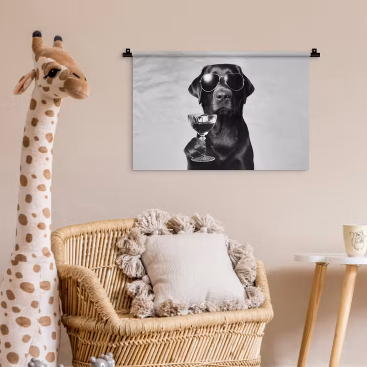 Hond - Zwart - Wijnglas - Zonnebril Wandkleed katoen klein -wsfeer5_kind