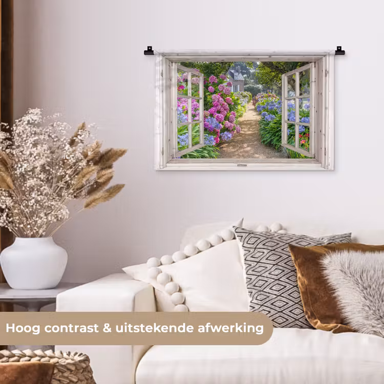 Hortensia - Doorkijk - Bloemen - Zomer - Paars - Pad Wandkleed katoen klein -sfeer1