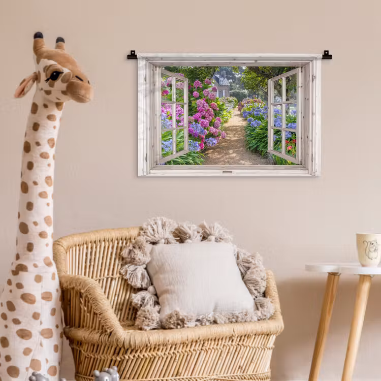 Hortensia - Doorkijk - Bloemen - Zomer - Paars - Pad Wandkleed katoen klein -wsfeer5_kind