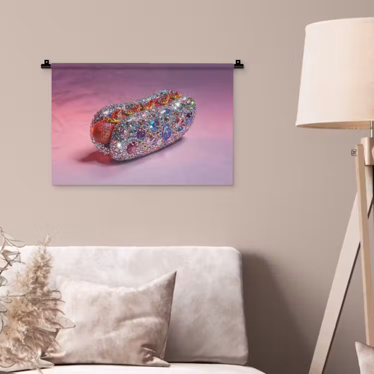 Hotdog - Steentjes - Glitters - Paars Wandkleed katoen klein -sfeer4