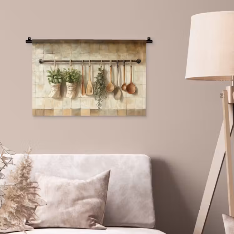 Hout - Keukengerei - Stilleven - Tegels Wandkleed katoen klein -sfeer4
