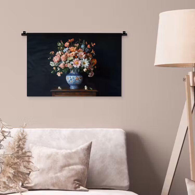 Hout - Vaas - Kleuren - Bloemen Wandkleed katoen klein -sfeer4