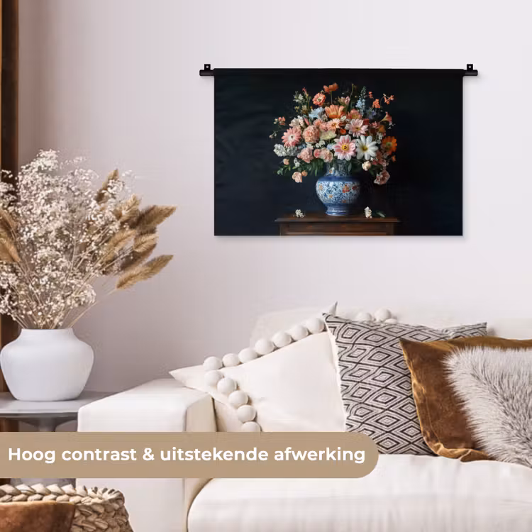 Hout - Vaas - Kleuren - Bloemen Wandkleed katoen klein -sfeer1