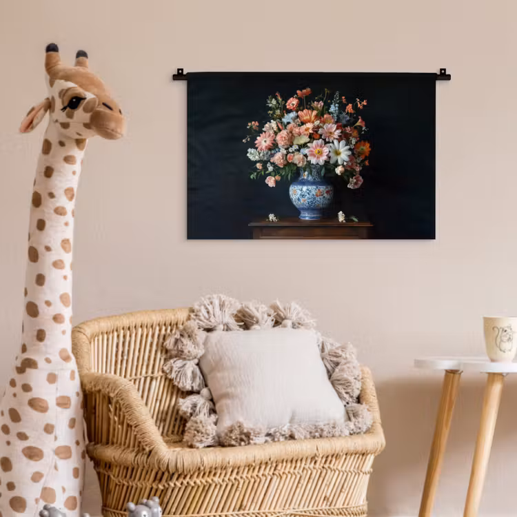 Hout - Vaas - Kleuren - Bloemen Wandkleed katoen klein -wsfeer5_kind