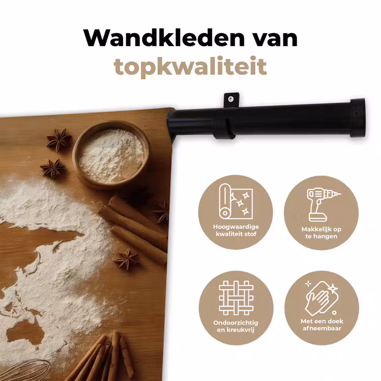 Hout - Wereldkaart - Bakken - Keuken Wandkleed katoen klein -sfeer2