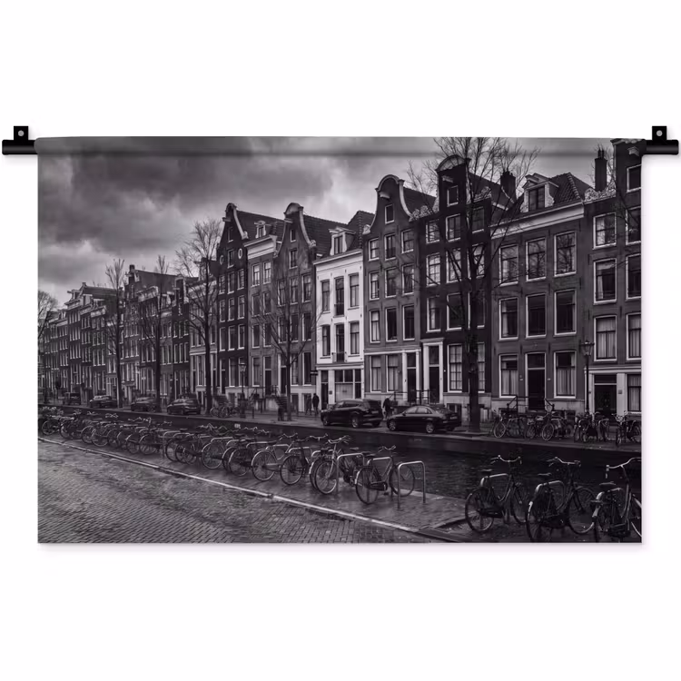 Huis - Gracht - Amsterdam - Architectuur - Zwart-wit Wandkleed katoen klein -zz3d