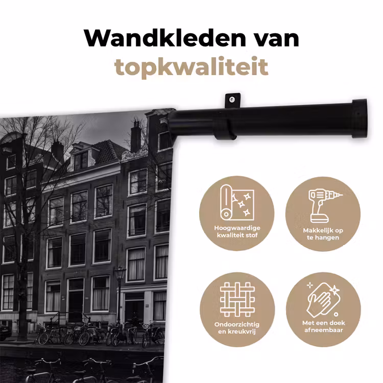 Huis - Gracht - Amsterdam - Architectuur - Zwart-wit Wandkleed katoen klein -sfeer2