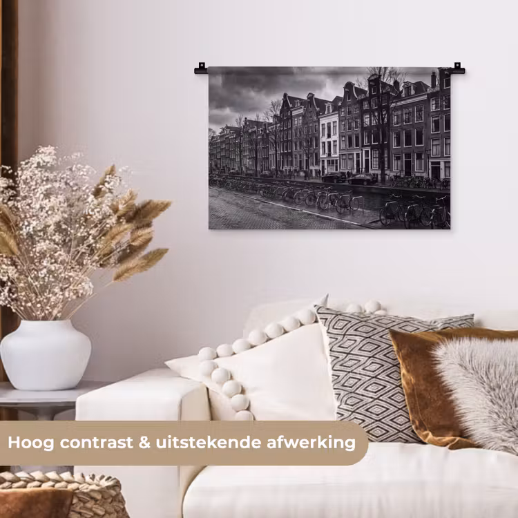 Huis - Gracht - Amsterdam - Architectuur - Zwart-wit Wandkleed katoen klein -sfeer1