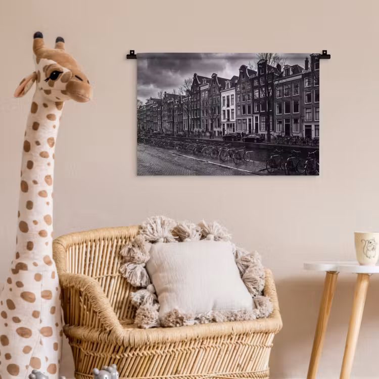 Huis - Gracht - Amsterdam - Architectuur - Zwart-wit Wandkleed katoen klein -wsfeer5_kind