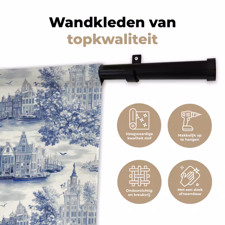 Huizen - Bomen - Water - Vogels - Blauw Wandkleed katoen klein 269 -sfeer2