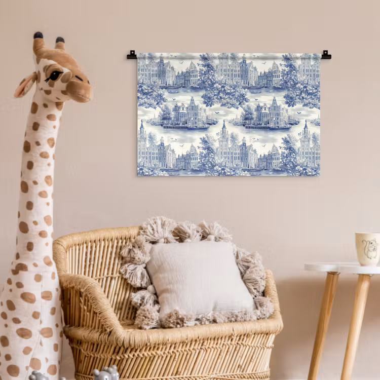 Huizen - Bomen - Water - Vogels - Blauw Wandkleed katoen klein 269 -wsfeer5_kind