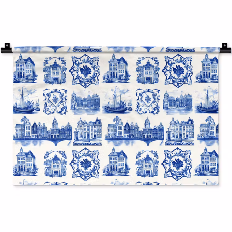 Huizen - Schepen - Blauw Wandkleed katoen klein 269 -zz3d