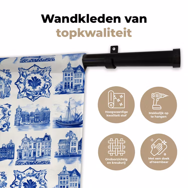 Huizen - Schepen - Blauw Wandkleed katoen klein 269 -sfeer2