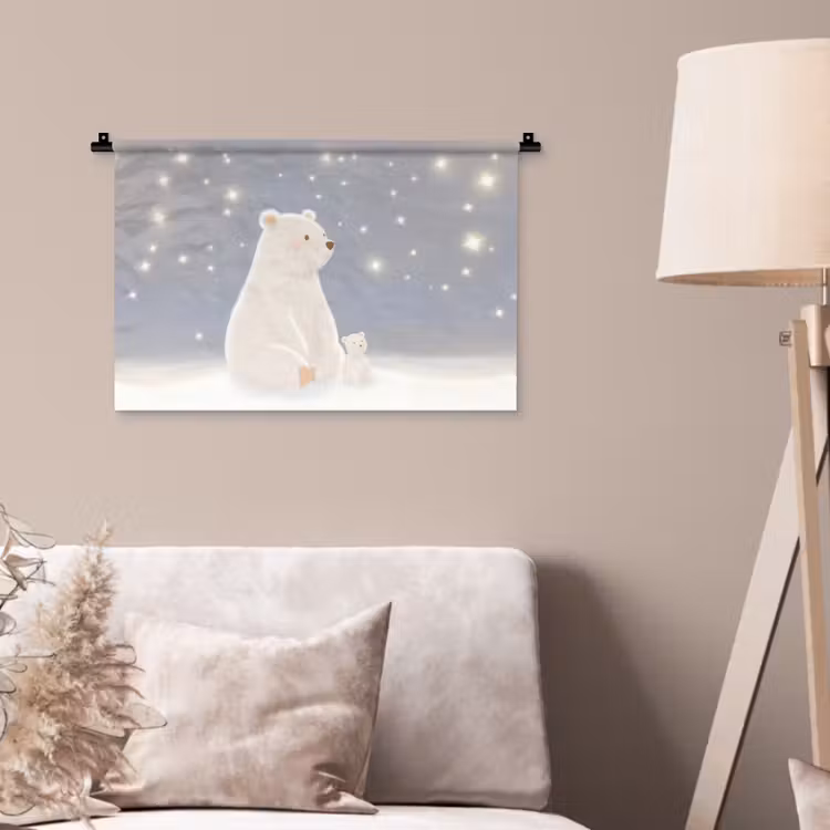Ijsbeer - Sneeuw - Sterren - Blauw Wandkleed katoen klein -sfeer4