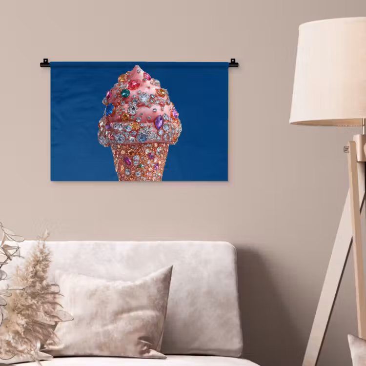 Ijsje - Hoorntje - Steentjes - Blauw Wandkleed katoen klein -sfeer4