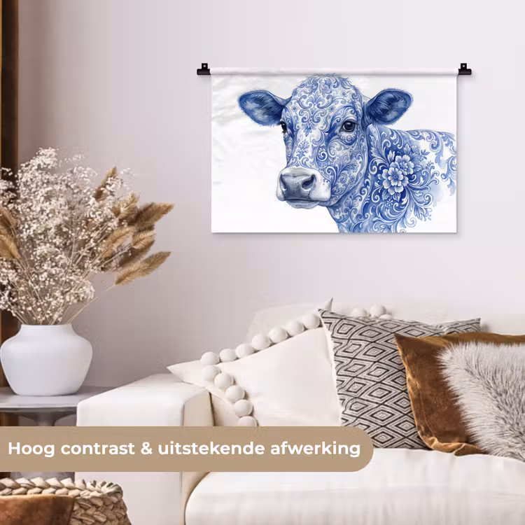 Illustratie - Koe - Blauw Wandkleed katoen klein -sfeer1