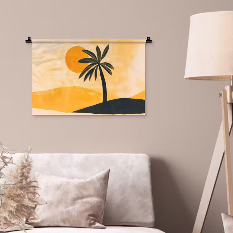 Illustratie - Palmboom - Zon - Heuvels Wandkleed katoen klein -sfeer4