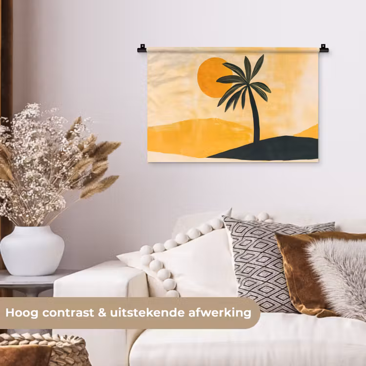 Illustratie - Palmboom - Zon - Heuvels Wandkleed katoen klein -sfeer1
