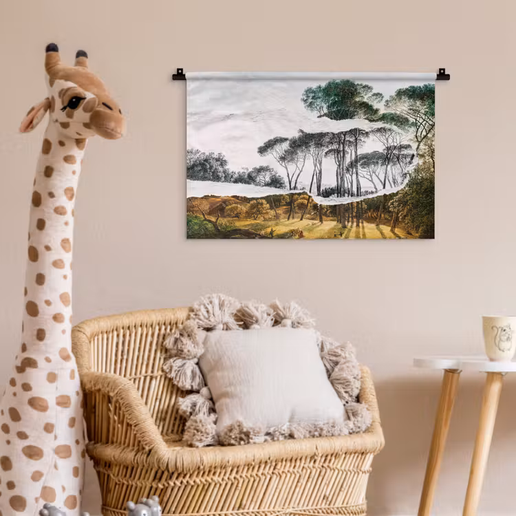 Italiaans landschap parasoldennen - Kunst - Hendrik Voogd - Schilderij - Zwart wit - Oude meesters Wandkleed katoen klein -wsfeer5_kind