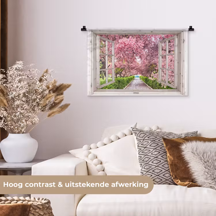 Japans - Sakura - Bloesem - Boom - Bloesem takken - Doorkijk Wandkleed katoen klein -sfeer1