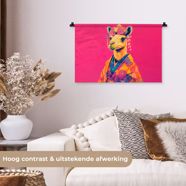 Kameel - Bloemen - Kimono - Waaiers Wandkleed katoen klein -sfeer1