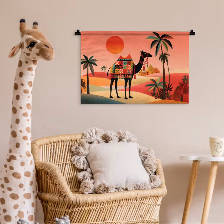 Kameel - Gekleurd tapijt - Duinen - Rode zon Wandkleed katoen klein -wsfeer5_kind