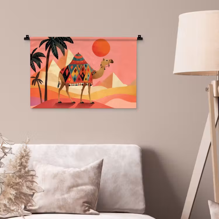 Kameel - Pyramides - Rode zon Wandkleed katoen klein -sfeer4