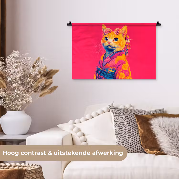 Kat - Kimono - Bloemen - Roze Wandkleed katoen klein -sfeer1