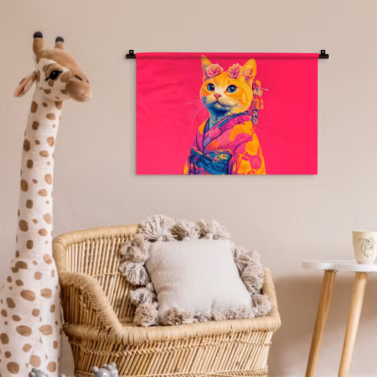 Kat - Kimono - Bloemen - Roze Wandkleed katoen klein -wsfeer5_kind