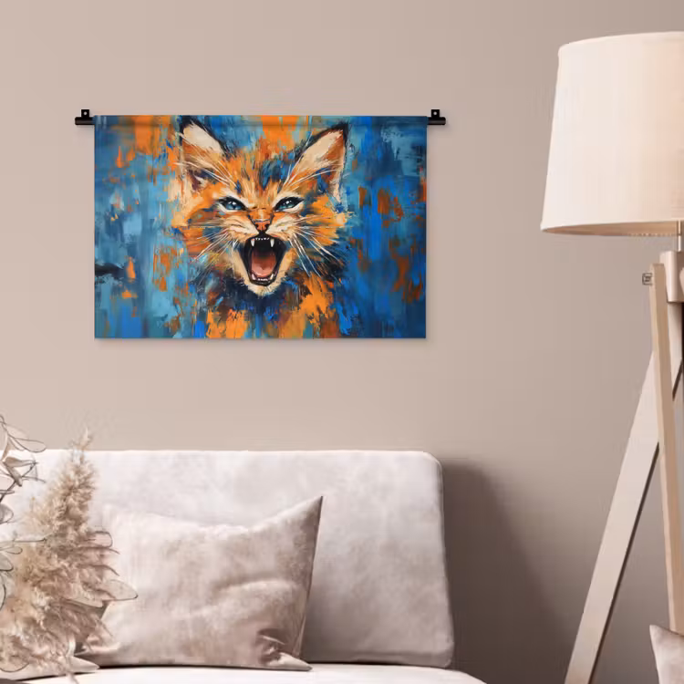 Kat - Kleurrijk - Oranje - Blauw Wandkleed katoen klein -sfeer4