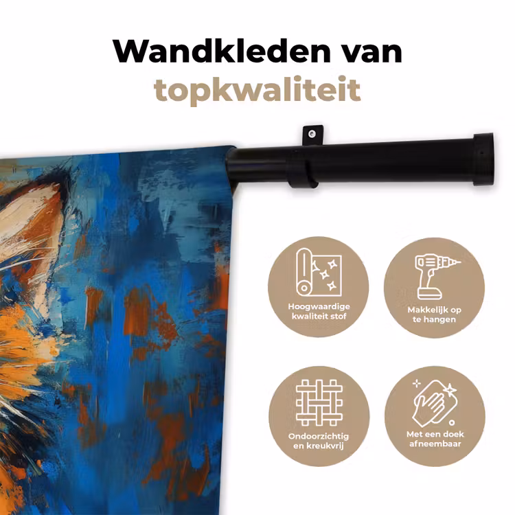 Kat - Kleurrijk - Oranje - Blauw Wandkleed katoen klein -sfeer2