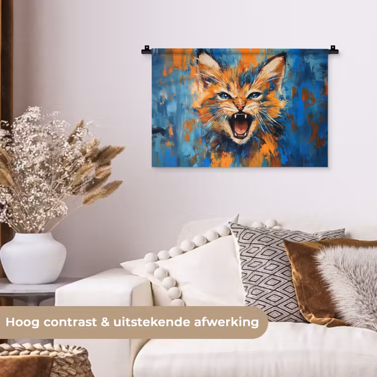 Kat - Kleurrijk - Oranje - Blauw Wandkleed katoen klein -sfeer1