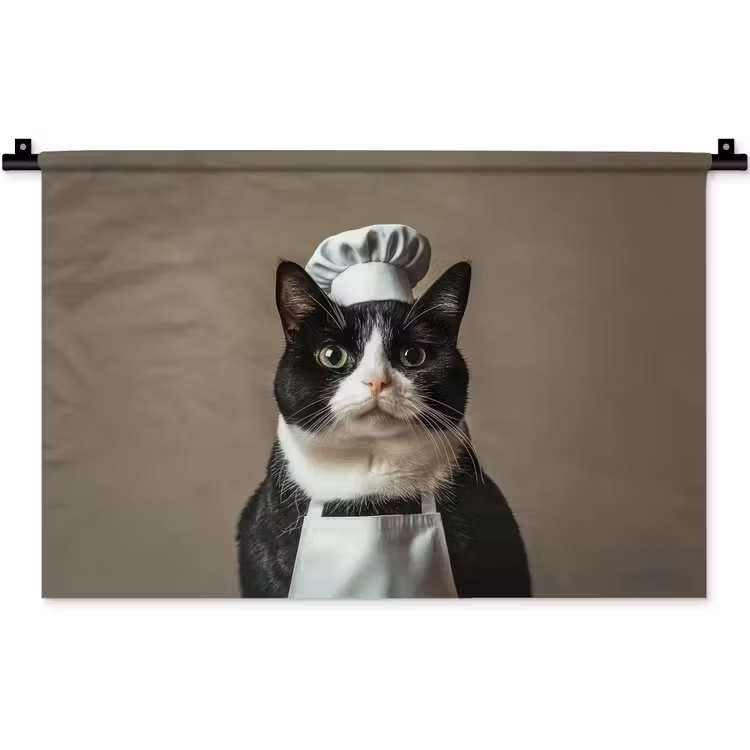 Kat - Kokskleding - Zwart - Wit Wandkleed katoen klein -zz3d