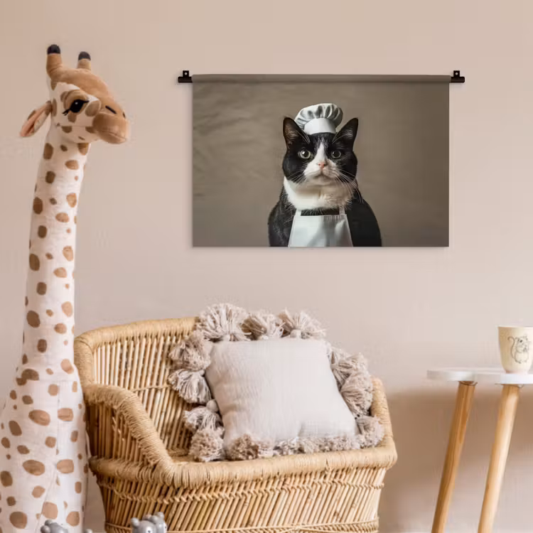 Kat - Kokskleding - Zwart - Wit Wandkleed katoen klein -wsfeer5_kind
