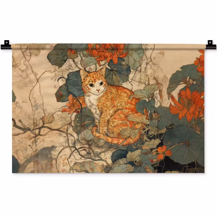 Kat - Sierlijk - Bloemen Wandkleed katoen klein -zz3d